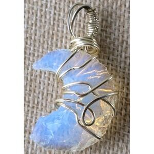Opalite Crescent Moon Pendant Wire Wrapped Gold Tone Artisan Necklace
